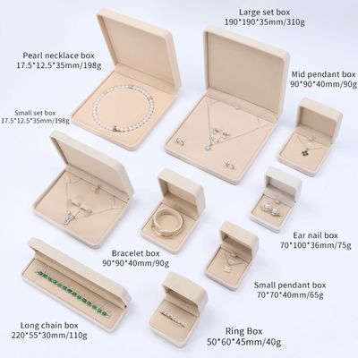 Großhandel Fertigung Hign End Schmuck Verpackung Personalisiertes Custom Logo Luxus Halskette Armband Ohrring Ring Verpackung Samt Beige Schmuckbox