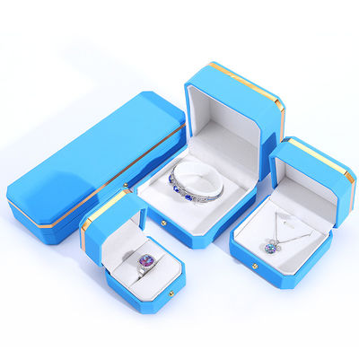 Blaue PU-Leder-Geschenkverpackung Schmuckschachtel für Hanhong achtseckiges Metallknopf Custom Logo