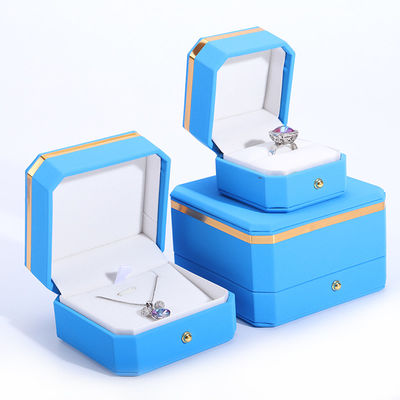 Blaue PU-Leder-Geschenkverpackung Schmuckschachtel für Hanhong achtseckiges Metallknopf Custom Logo