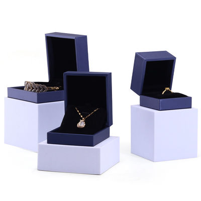 Hanhong Handgefertigte Samt Schmuck Verpackungskiste für Halskette und Ring 9*9*4.5cm Blau PU Leder