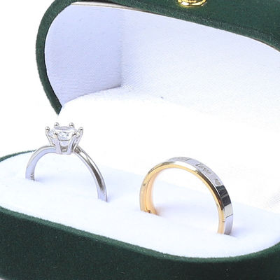 Großhandel Fertigung Luxus Schmuckschachtel Personalisierte Custom Grüne Samt Schmuck Verpackung Hochzeit Verlobung Doppelring Box Mit Logo